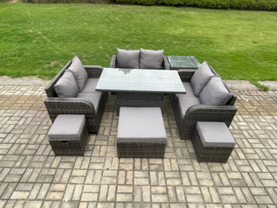 Fimous Rattan Garden Outdoor Furniture 3 Pc Love Sofa Set Adjustable Rising Lifting Dining Table With Side Table 3 Footstools - image 1