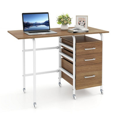 Natural Folding Desk With 3 Drawers Convertible Laptop Table With Wheels For Living Room - image 1