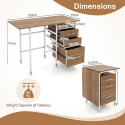 Natural Folding Desk With 3 Drawers Convertible Laptop Table With Wheels For Living Room - thumbnail 2