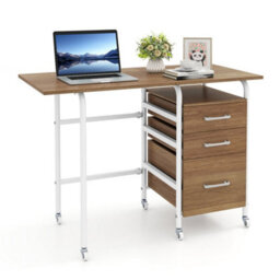 Natural Folding Desk With 3 Drawers Convertible Laptop Table With Wheels For Living Room - thumbnail 1