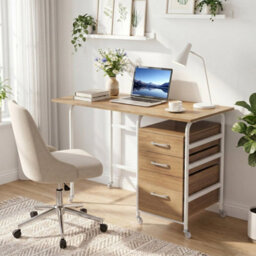Natural Folding Desk With 3 Drawers Convertible Laptop Table With Wheels For Living Room - thumbnail 3