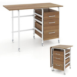 Natural Folding Desk With 3 Drawers Convertible Laptop Table With Wheels For Living Room - thumbnail 5