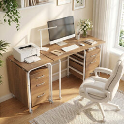 Natural Folding Desk With 3 Drawers Convertible Laptop Table With Wheels For Living Room - thumbnail 4