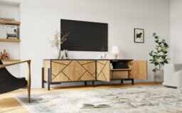 Btm Geometric Wood Tv Stand, 4-Door Cabinet, Metal Frame, Rustic Brown Media Console - thumbnail 8
