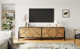 Btm Geometric Wood Tv Stand, 4-Door Cabinet, Metal Frame, Rustic Brown Media Console - thumbnail 5