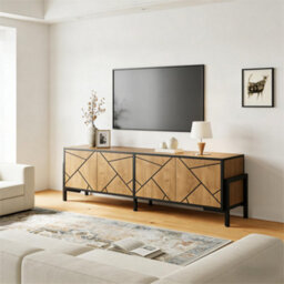 Btm Geometric Wood Tv Stand, 4-Door Cabinet, Metal Frame, Rustic Brown Media Console - thumbnail 2