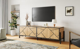 Btm Geometric Wood Tv Stand, 4-Door Cabinet, Metal Frame, Rustic Brown Media Console - thumbnail 7