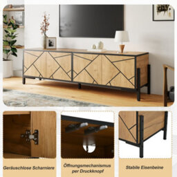 Btm Geometric Wood Tv Stand, 4-Door Cabinet, Metal Frame, Rustic Brown Media Console - thumbnail 4