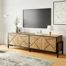 Btm Geometric Wood Tv Stand, 4-Door Cabinet, Metal Frame, Rustic Brown Media Console - thumbnail 3