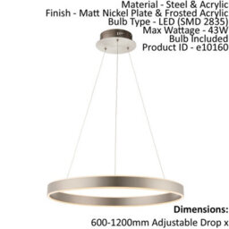Ceiling Pendant Light Matt Nickel & Frosted Acrylic 43W Led Bulb Included - thumbnail 2