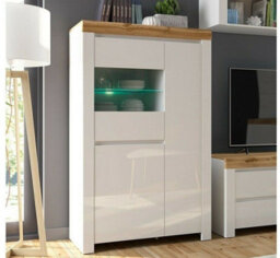 Impact Furniture Glass Display Cabinet Buffet Glazed Unit Soft Close Doors Led Light White Gloss Oak Effect Holten