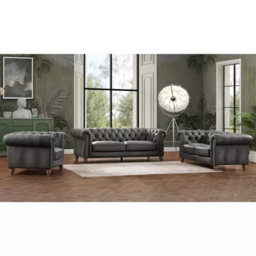 Xample Allington 3 Seater Chesterfield Sofa In Flint Grey Top Grain Leather, Pocket Coil Cushions, Nailhead Trim & Solid Wood Frame - thumbnail 4