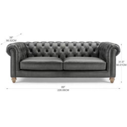 Xample Allington 3 Seater Chesterfield Sofa In Flint Grey Top Grain Leather, Pocket Coil Cushions, Nailhead Trim & Solid Wood Frame - thumbnail 2