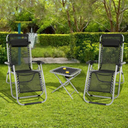 Taylor & Brown Zero Gravity Chair Set Of 3 Black Reclining Sunloungers With Headrest & Folding Table For Garden & Beach - thumbnail 2