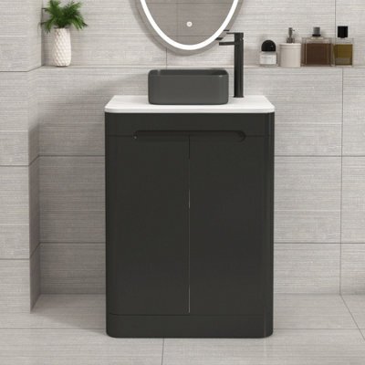 Royal Bathrooms Venice 600mm Matt Nocturne Black Freestanding Bathroom Countertop Vanity Unit 2 Door With Art Square Basin - image 1
