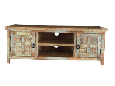 Buttercup Farm Aravali 2 Door Plasma Tv Cabinet - Mango Wood - L40 X W146 X H55 Cm - Distress Finish