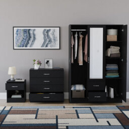 Lassic Vida Designs Riano 3 Piece Bedroom Set (1 Drawer Bedside Chest, 4 Drawer Chest, 3 Door 2 Drawer Mirrored Wardrobe), Black - thumbnail 2