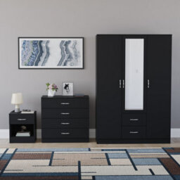 Lassic Vida Designs Riano 3 Piece Bedroom Set (1 Drawer Bedside Chest, 4 Drawer Chest, 3 Door 2 Drawer Mirrored Wardrobe), Black - thumbnail 7