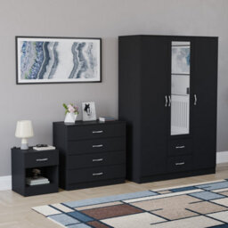 Lassic Vida Designs Riano 3 Piece Bedroom Set (1 Drawer Bedside Chest, 4 Drawer Chest, 3 Door 2 Drawer Mirrored Wardrobe), Black - thumbnail 6