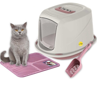 Cat Centre.Direct Cat Centre Jumbo Pink Cat Hooded Set: Litter Tray + Scoop + Tray Mat + Carbon Filter - image 1