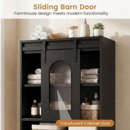 Black Farmhouse Bathroom Floor Cabinet 150 Cm Rustic Brown With Sliding Barn Door - thumbnail 6