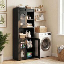 Black Farmhouse Bathroom Floor Cabinet 150 Cm Rustic Brown With Sliding Barn Door - thumbnail 5