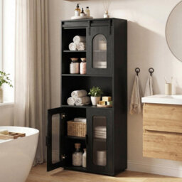 Black Farmhouse Bathroom Floor Cabinet 150 Cm Rustic Brown With Sliding Barn Door - thumbnail 4