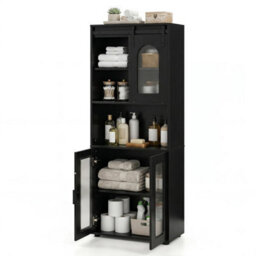 Black Farmhouse Bathroom Floor Cabinet 150 Cm Rustic Brown With Sliding Barn Door - thumbnail 1