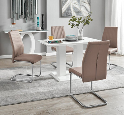 Furniturebox Uk 4 Seater Dining Set - Imperia White High Gloss Dining Table And Chairs - 4 Beige Lorenzo Chrome Dining Chairs - image 1