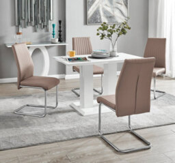 Furniturebox Uk 4 Seater Dining Set - Imperia White High Gloss Dining Table And Chairs - 4 Beige Lorenzo Chrome Dining Chairs - thumbnail 1