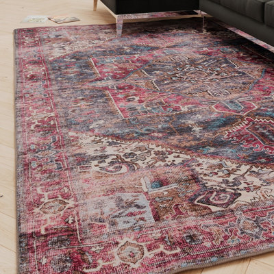 Loomed Traditional Design Cotton Chenille Rug Pink Blue Gold Machine Washable 120Cm X 170Cm - image 1