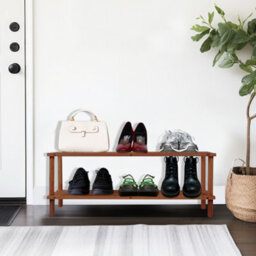 2 Tier Walnut Wooden Shoe Rack Footwear Storage Stackable Organiser Unit Shelf Trainers Space Efficient Multi Purpose - thumbnail 2