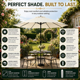 Glamhaus Garden Parasol Table Umbrella 2.7M With Crank Handle Uv40 Protection Free Protection Cover Robust Steel Cream - thumbnail 8