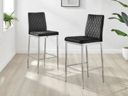 Furniturebox Set Of 2 Milan Black Diamond-Stiched Soft Touch Velvet Silver Chrome Leg Padded Counter Stools
