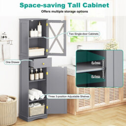 Costway 168 Cm Tall Bathroom Cabinet Narrow Storage Cabinet With Drawer-Grey - thumbnail 7