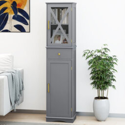 Costway 168 Cm Tall Bathroom Cabinet Narrow Storage Cabinet With Drawer-Grey