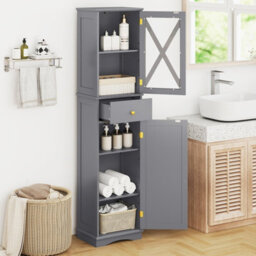 Costway 168 Cm Tall Bathroom Cabinet Narrow Storage Cabinet With Drawer-Grey - thumbnail 3