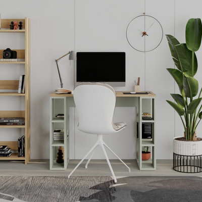 Decortie Modern Colmar 106Cm Working Desk Particleboard 3 Open Shelves Wall Fix H75Xw106Cm, Oak, Ash Green - image 1