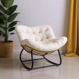 White Garden Rocking Chair Rattan Wicker Egg Chair With Cushioned Seat Metal Frame