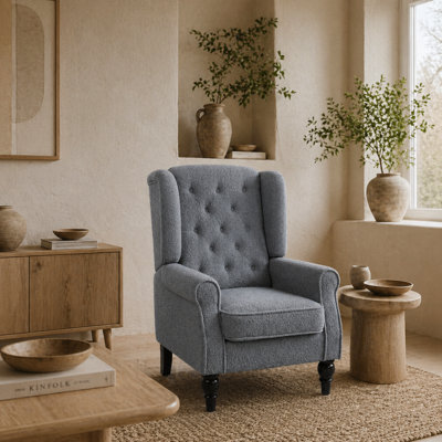 Wyld Haus Rovero Grey Teddy Bouclé Wingback Accent Armchair With Diamond Button Sherpa Tufting - 74W X 86D X 102H Cm - image 1
