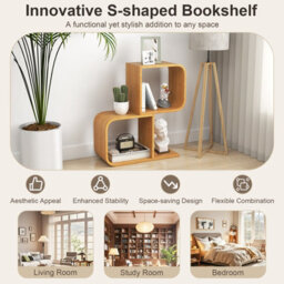 Costway 2-Tier S-Shaped Bamboo Bookcase Geometric Corner Display Shelf - thumbnail 9