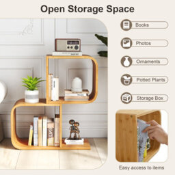 Costway 2-Tier S-Shaped Bamboo Bookcase Geometric Corner Display Shelf - thumbnail 8