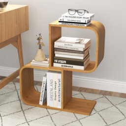 Costway 2-Tier S-Shaped Bamboo Bookcase Geometric Corner Display Shelf - thumbnail 4