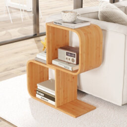Costway 2-Tier S-Shaped Bamboo Bookcase Geometric Corner Display Shelf