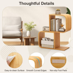 Costway 2-Tier S-Shaped Bamboo Bookcase Geometric Corner Display Shelf - thumbnail 6