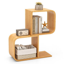 Costway 2-Tier S-Shaped Bamboo Bookcase Geometric Corner Display Shelf - thumbnail 2