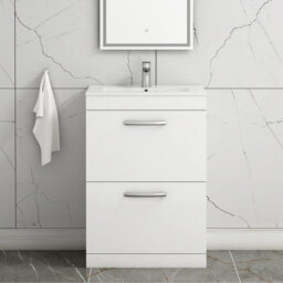 Royal Bathrooms Turin Gloss White 600mm Floor Standing Vanity Unit 2 Drawer With Minimalist Basin Sink