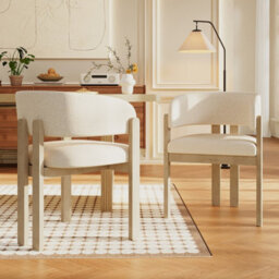 HomeTouch Set Of 2 Beige Dining Chairs With Armrests And Natural Wooden Legs - thumbnail 1