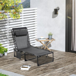 Outsunny Lounger Folding Reclining Camping Bed 5-Position Adjustable Black - thumbnail 1