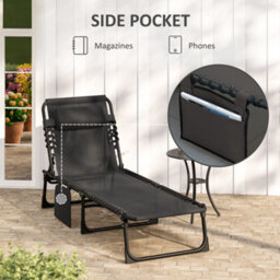 Outsunny Lounger Folding Reclining Camping Bed 5-Position Adjustable Black - thumbnail 7
